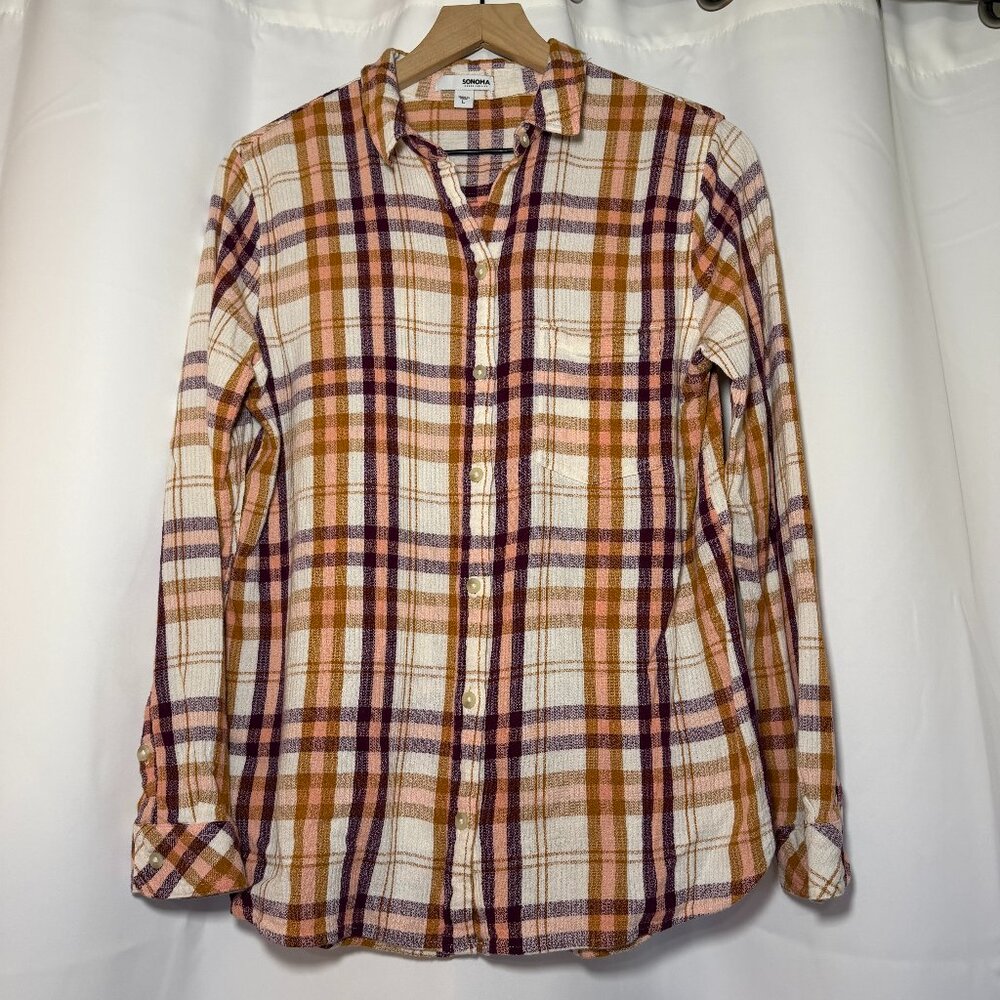 Sonoma Goods for Life Plaid Button Down Womens L Pink Purple Tan Ecru Pocket EUC